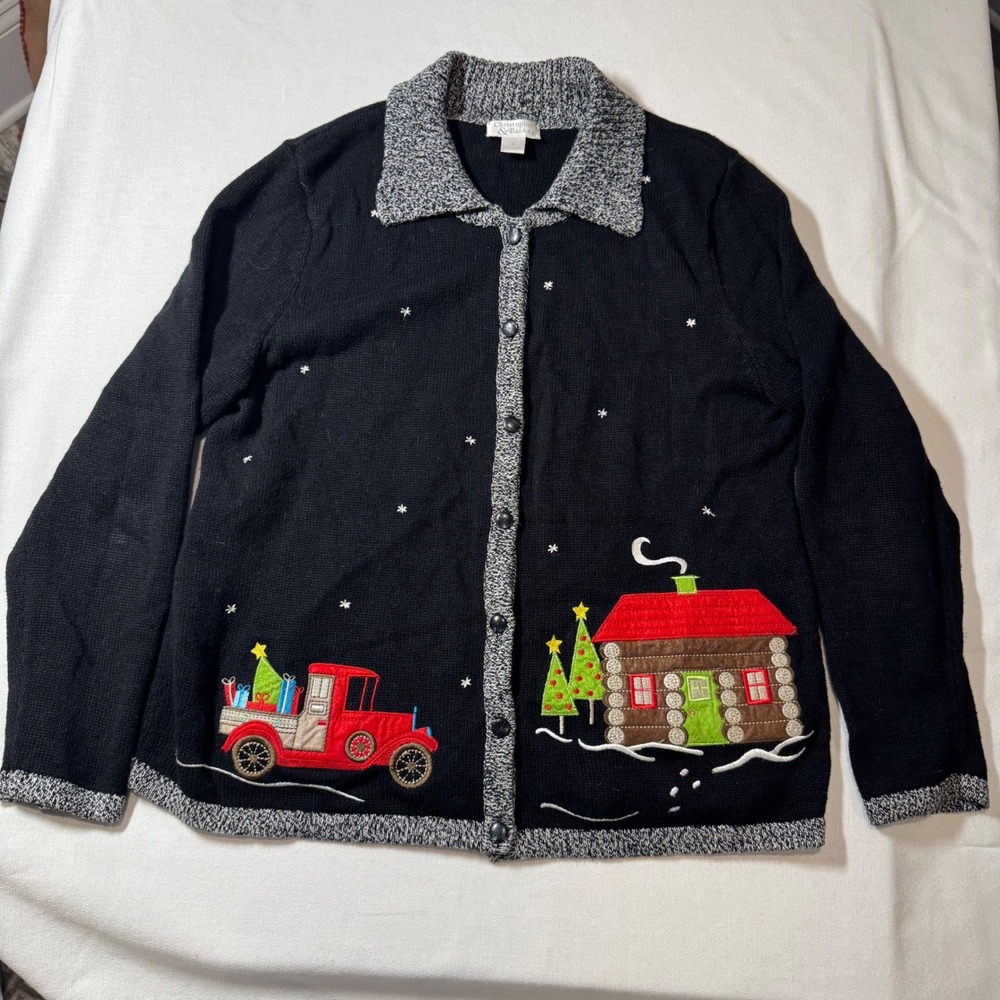 Christoper & Banks Womens Black Christmas‎ Cardigan Sweater XL Xmas Grandma Ugly